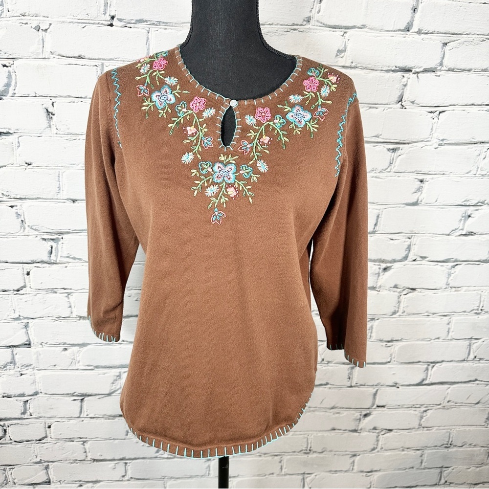 Jason Maxwell Vtg Beaded Embroidered Floral Sweater Top Medium Brown Cotton Boho